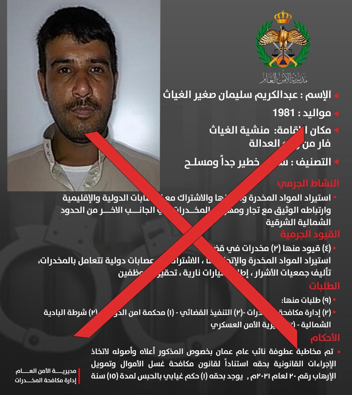 القبض على المطلوب الغياث لارتباطه بعصابات إقليمية للاتجار بالمخدرات